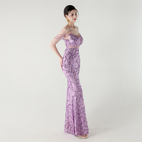 Graceful Sequin Embellished Mesh Mermaid Maxi Dress